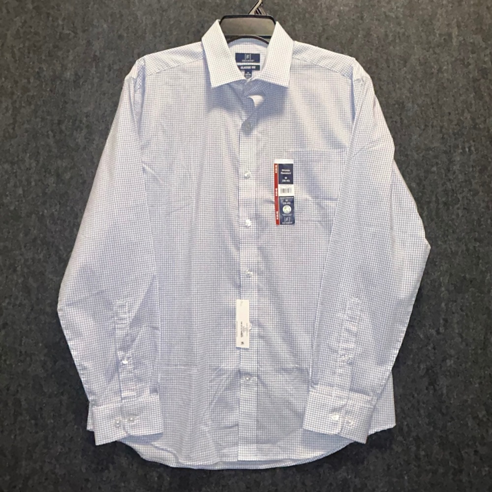 George Men Medium Classic Fit Dress Shirt Blue White Check Wrinkle Resistant NWT